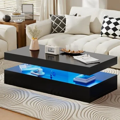 breezestival 39 high glossy led coffee table with 2 sliding drawers living room storage coffee tables modern stylish double layer center tables with led lights black
