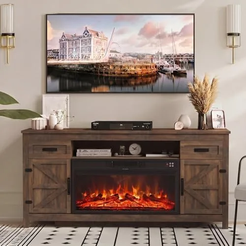 breezestival fireplace tv stand 70 farmhouse tv stand with barn door for 80 tvs entertainment center with black fireplace storage brown